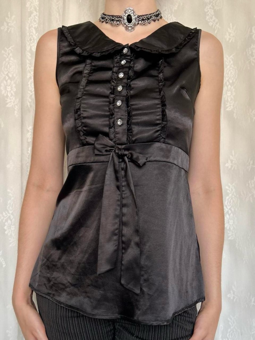 2000s Vampy Dark Academia Black Blouse